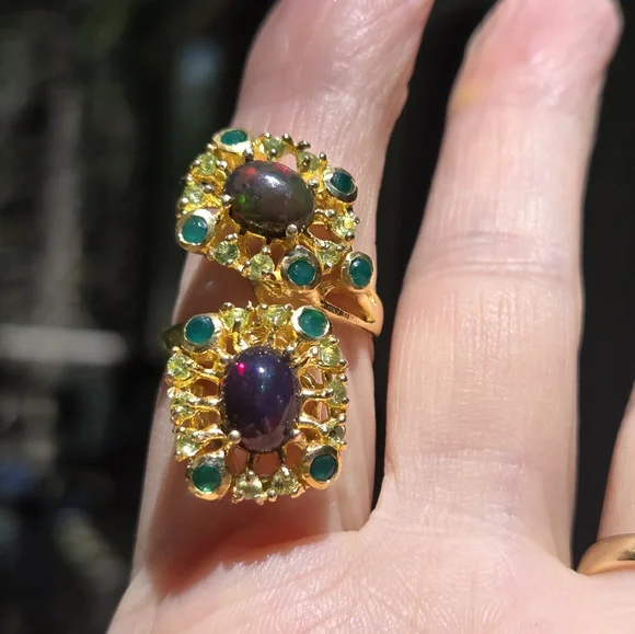 Opal green 💚 Onyx & Peridot sterling &gold ring sz8 adjustable - Picture 4 of 10